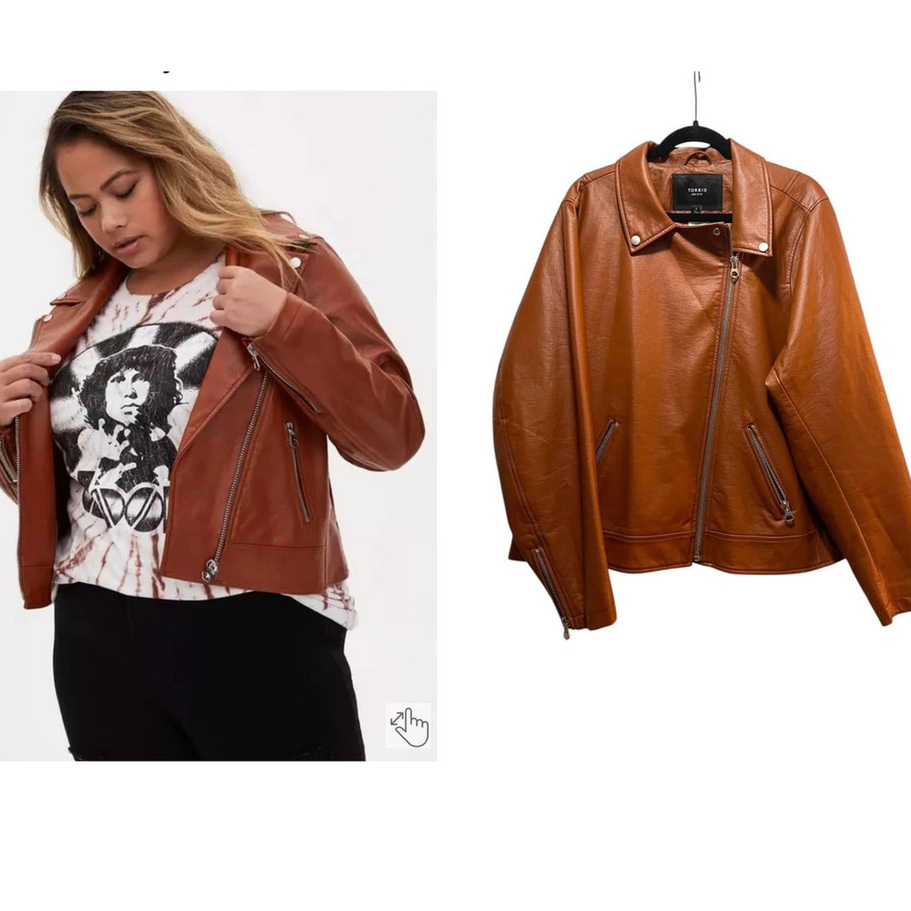 Torrid 3 (3X 22/24) Faux Leather Cognac Brown Zip Up Biker Moto Punk Jacket New